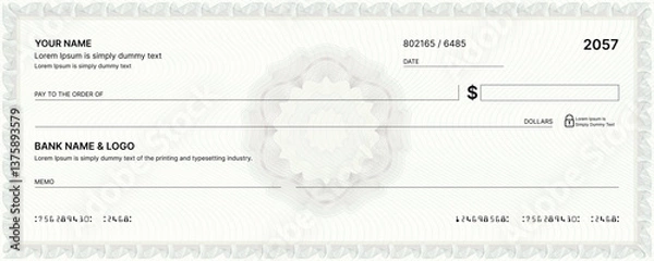 Fototapeta Blank bank check, checkbook cheque template or money payment paper voucher, vector mockup. Business or personal account cash pay cheque certificate or paycheck coupon from checkbook