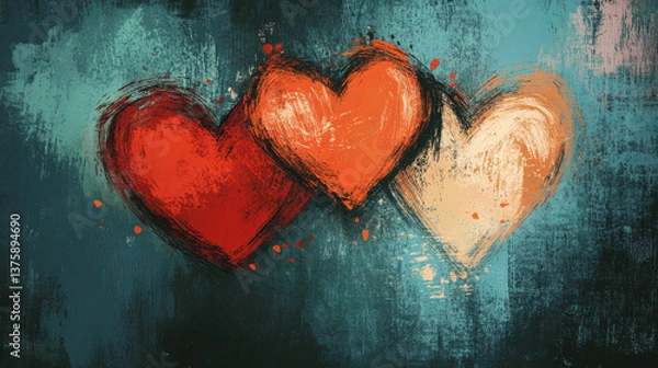 Fototapeta Heart-themed digital artwork with colorful scribble hearts in red ochre, dusty cyan, lemon cream