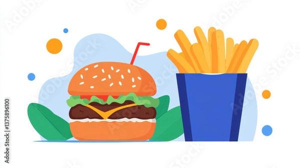 Fototapeta Colorful illustration of a cheeseburger with lettuce and fries in a blue container.