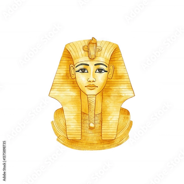 Fototapeta An artistic illustration of a pharaoh bust, showcasing intricate details and a golden hue against a white isolated background.