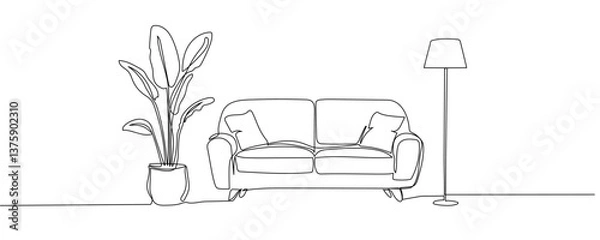Fototapeta Contemporary furniture in Scandinavian style one continuous line drawing. Sofa, floor lamp and potted plant for living room or hotel concept in simple linear style. Doodle vector illustration