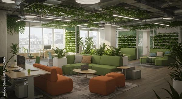 Fototapeta Bright coworking space with modern furniture, collaborative seating areas, and plenty of greenery.