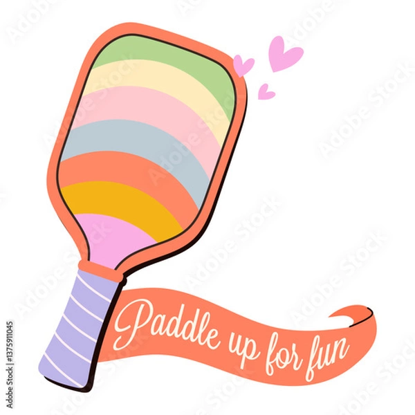 Fototapeta Colorful vector illustration of a pickleball paddle with rainbow stripes and lettering on the side of the ribbon,vector illustration.