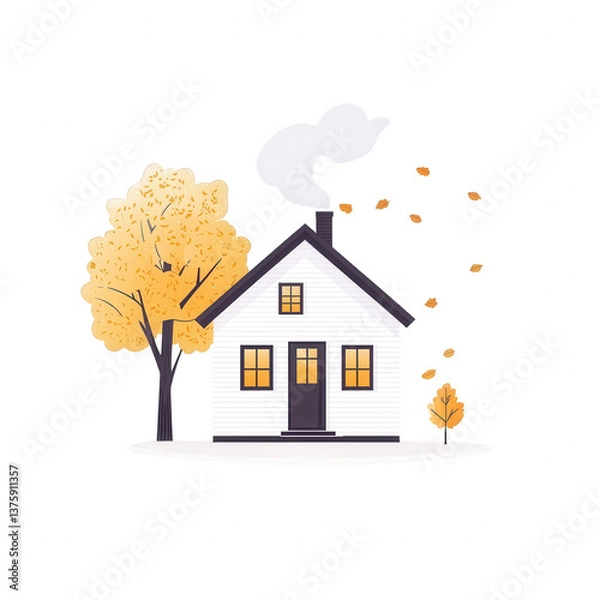 Fototapeta A charming white house surrounded by autumn trees, with smoke curling from the chimney and leaves gently falling, creating a cozy and inviting atmosphere.