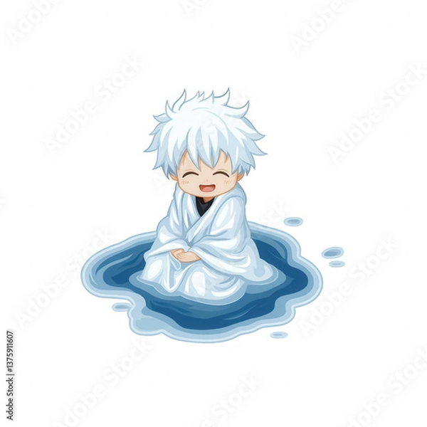 Fototapeta A cheerful cartoon character with white hair, enjoying a playful splash in water, wrapped in a light robe, evoking a sense of joy and relaxation.