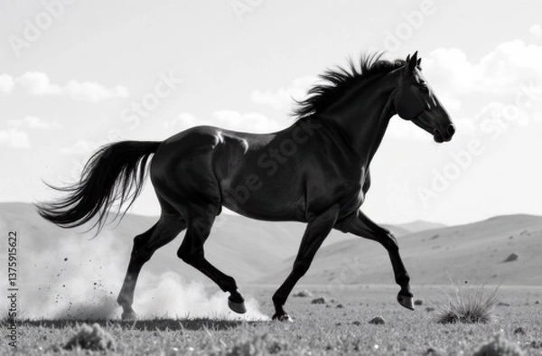 Fototapeta Black horse galloping across the open field in black and white  