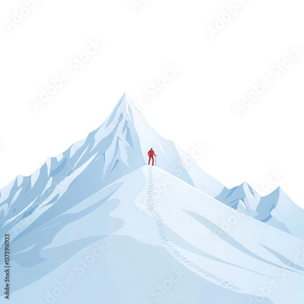 Fototapeta A lone climber stands triumphantly atop a snow-covered peak, symbolizing achievement and adventure against a clear blue sky.