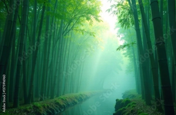 Fototapeta Serene bamboo forest with misty river and soft light  