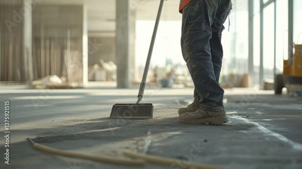 Obraz A construction worker cleaning a construction site after finishing work. Featuring tidiness and attention to detail