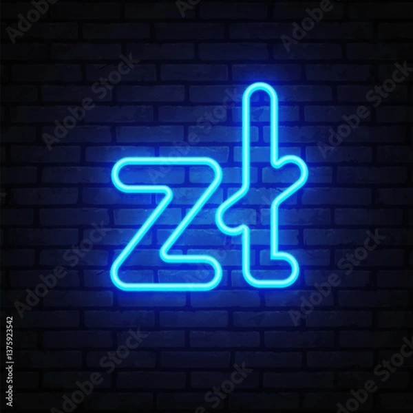 Fototapeta Zloty symbol glowing in sharp blue neon with a minimalist digital touch. The icon stands out on a textured dark wall background.