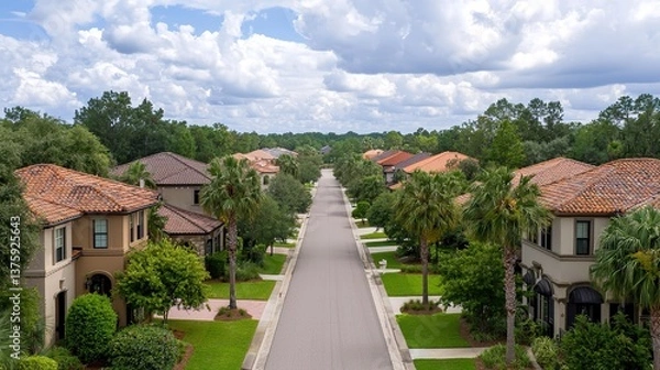 Fototapeta Upscale residential community with lush landscaping anongsysamoud gigapixel quality tranquil environment