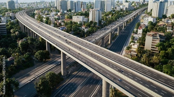 Fototapeta Urban infrastructure development project gigapixel scale city overpass modern transportation aerial view urban planning