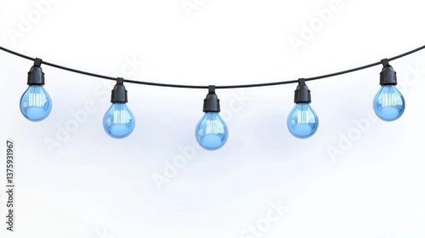 Fototapeta Vibrant Blue Light Bulbs Hanging on String Against White Background in Bright and Fresh Atmosphere for Creative Projects