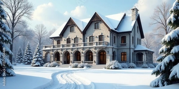 Fototapeta A majestic stone residence, blanketed in pristine winter snow, showcases elegant architectural details and a tranquil snowy landscape.