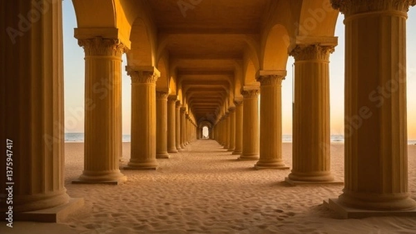 Fototapeta Golden Passage: A symmetrical perspective of a beachside pier adorned with grand pillars extending into the horizon at sunset.