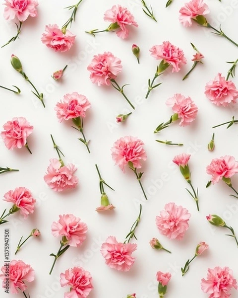 Fototapeta Pattern of delicate pink carnation flowers on white background. Minimal floral composition. Spring awakening concept.