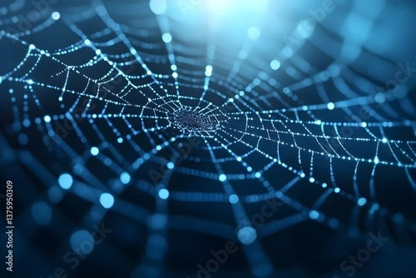 Fototapeta 3D rendering of a holographic blue spider on a web.
