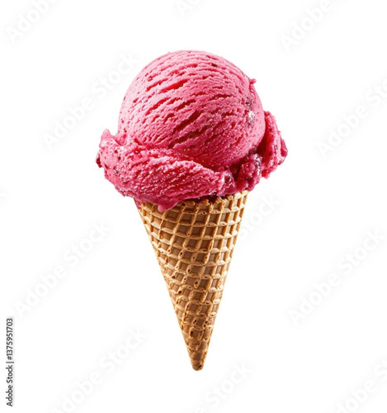 Obraz Raspberry ice cream scoop on cone with transparent background for food packaging or marketing design