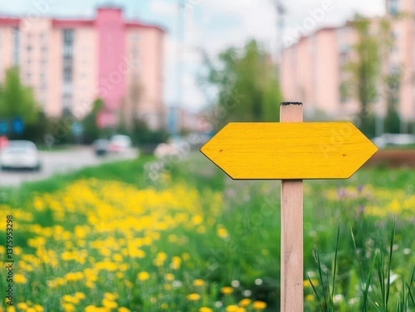 Fototapeta Bright yellow warning sign standing out in a vibrant field of colorful flowers creating a beautiful contrast