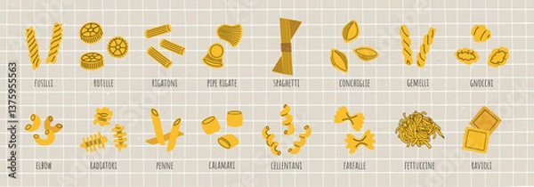 Obraz Big collection of various pasta types. Vector illustration of Italian macaroni in cartoon style with outlines on cute light background.