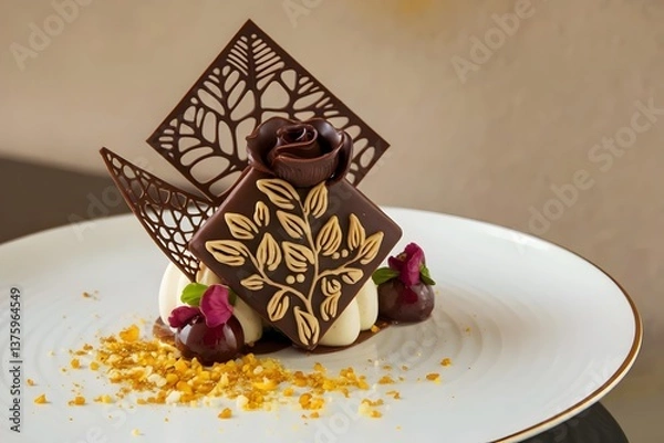 Fototapeta Artistic Chocolate Plate with Swirls, Shavings, and Raspberries