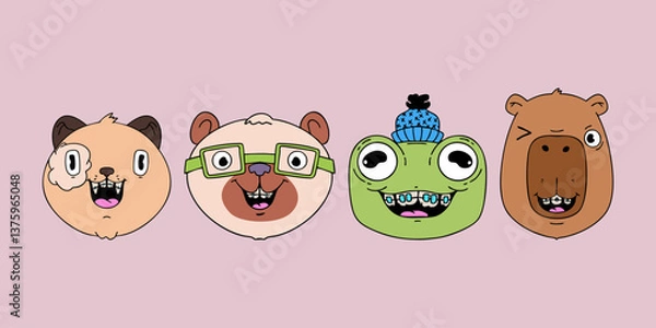 Obraz Cute cat, bear, capybara and frog with braces. Healthy teeth. Trendy vector illustration.