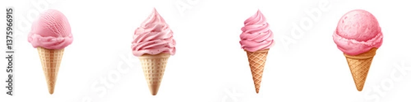Obraz Delightful array of soft creamy pink ice cream scoops presented in classic waffle cones showcasing the tempting textures and alluring colors of this beloved frozen treat
