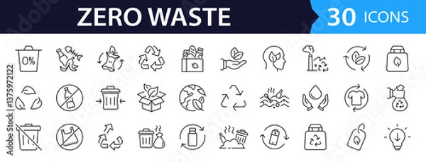 Obraz Zero Waste set of web icons in line style. A collection of eco linear icons, including recycling, waste management, composting, trash, pollution, landfill, composting, waste sorting. Editable stroke