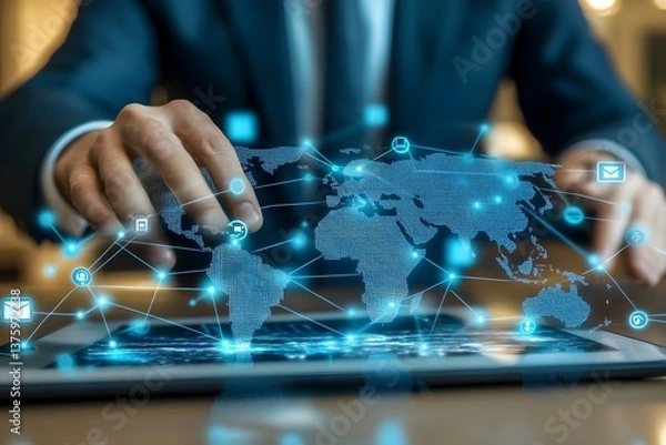 Fototapeta Businessman touching a digital map with a global network and connectivity.
