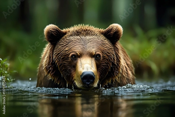 Fototapeta A majestic bear emerging from water, showcasing its powerful presence in a serene forest environment, surrounded by nature's beauty.