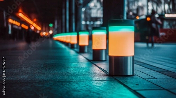 Obraz Colorful LED lights illuminate a city street at night, creating a vibrant urban atmosphere