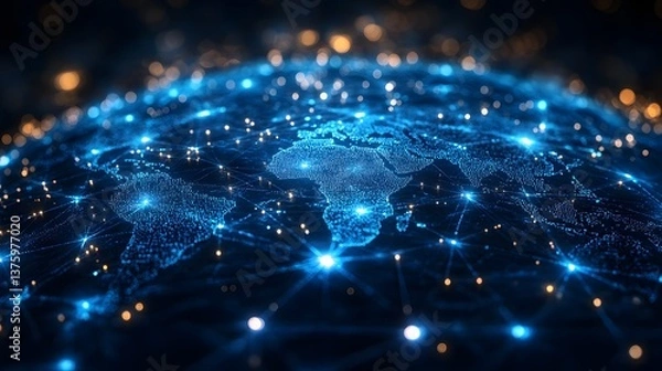 Fototapeta A digital globe with interconnected 5G nodes glowing in blue