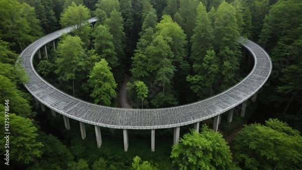 Fototapeta A unique circular walkway elevated above a lush green forest, inviting visitors to explore nature from a different perspective.