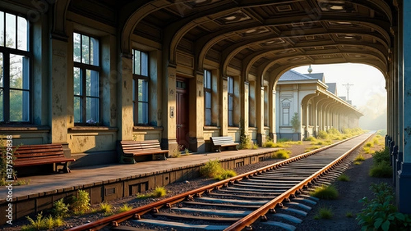 Fototapeta Abandoned Railway Station Platform at Sunrise with Overgrown Tracks