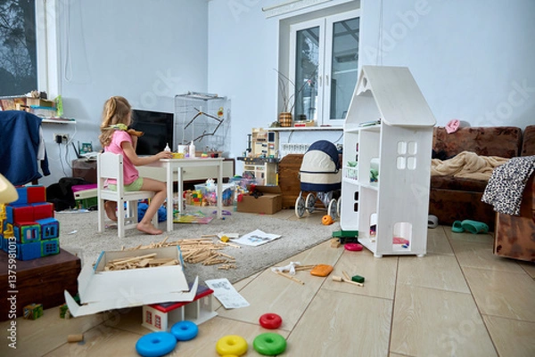 Obraz Child Playing in Messy Room Surrounded by Toys