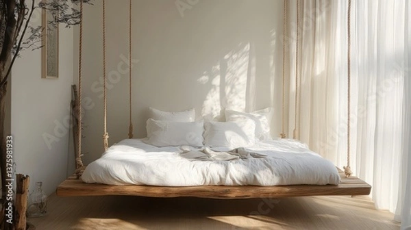 Fototapeta A beautiful bedroom features a hanging wooden bed with white bedding