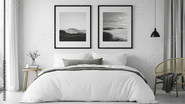 Fototapeta A contemporary bedroom with two matching thin frames on either side of the bed, displaying black-and-white