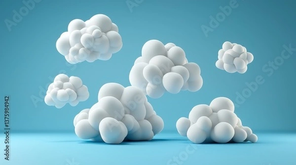 Fototapeta Abstract 3D rende of fluffy white clouds floating against a serene light blue background ideal for dreamy and whical design projects needing a peaceful and calming