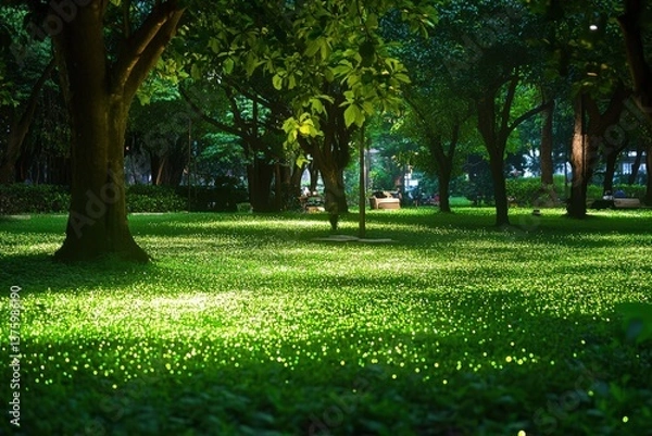 Fototapeta Lush green park illuminated with glowing lights at night