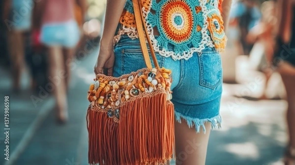 Fototapeta A bohemian summer fashion collection with a crochet top, denim shorts, beaded sandals, and a fringed bag.
