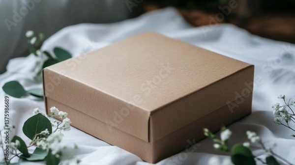 Fototapeta Gift box placed elegantly on soft fabric with delicate flowers around it in a warm, inviting setting