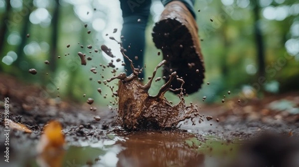 Fototapeta Person running through muddy trail in a forest during a rainy day capturing splashes of water