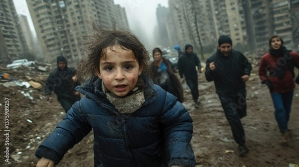 Obraz Escape and Resilience: A child leads a desperate dash through a war-torn landscape, embodying the spirit of survival and the human struggle against adversity.