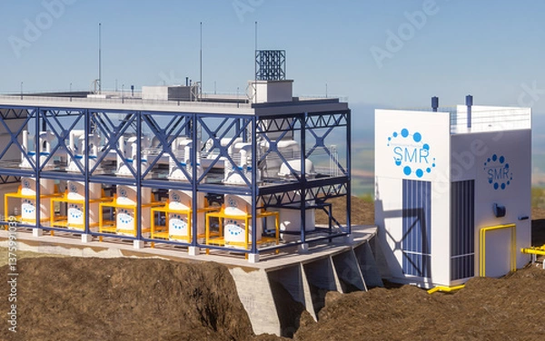 Fototapeta concept of a SMR small modular nuclear reactor power plant on a sunny day. SMR is a future energy concept. 3d rendering.