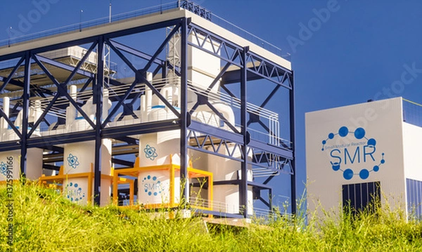 Fototapeta concept of a SMR small modular nuclear reactor power plant on a sunny day. SMR is a future energy concept. 3d rendering.