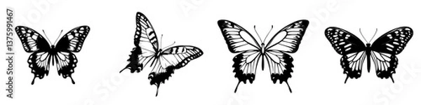 Fototapeta Four detailed butterfly silhouettes showcasing unique wing patterns and designs in black art style