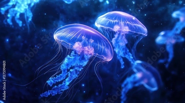 Fototapeta Beautiful blue jellyfish floating in a dark underwater scene