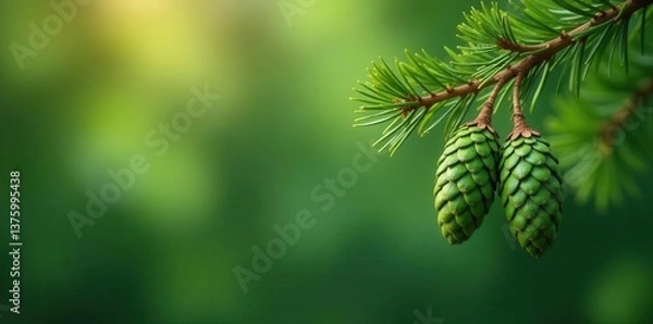 Fototapeta Green pine cones hanging from a pine tree bough , seedling, tree