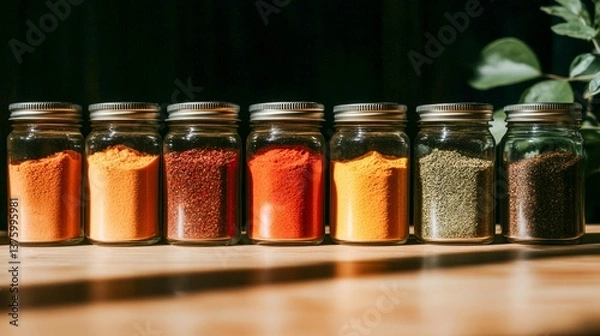 Fototapeta Brightly colored spice jars arranged on a wooden surface capturing the essence of a culinary setting with natural light