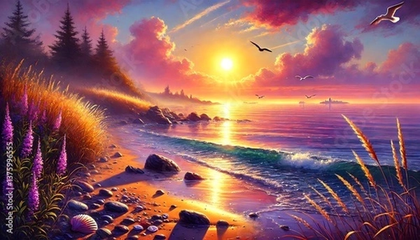 Fototapeta Sunset at the beach. Nature composition. 3D rendering.